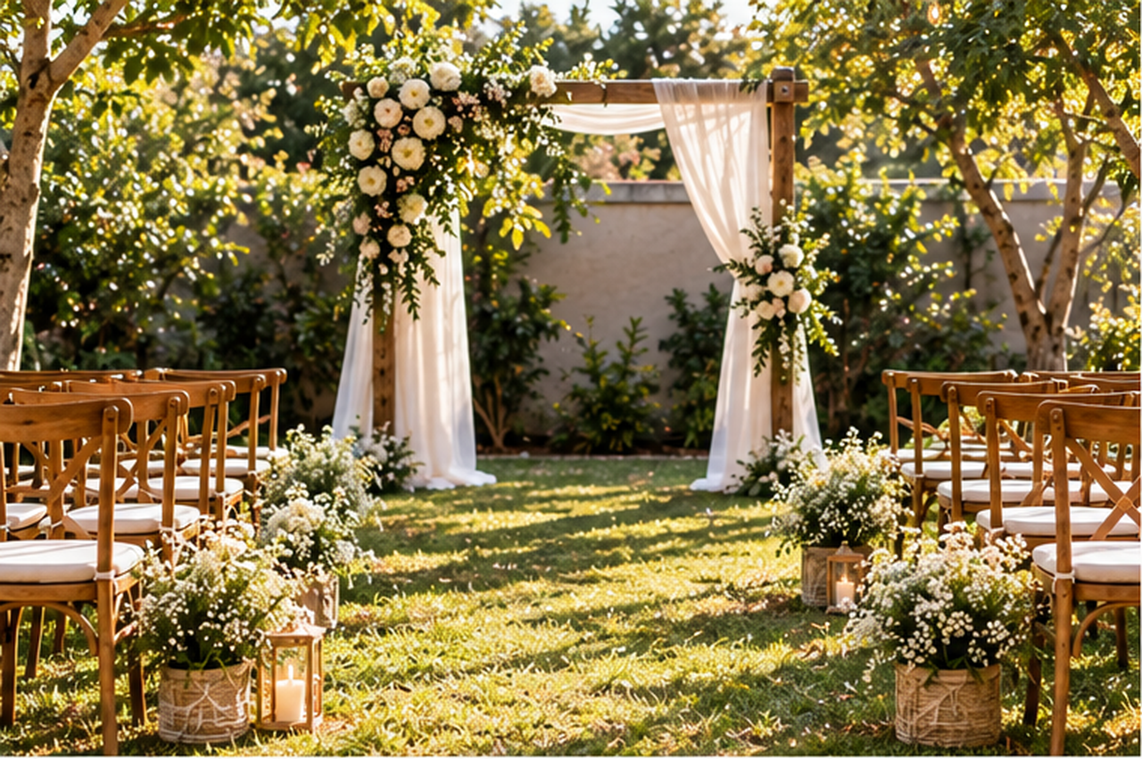 Casamento simples ao ar livre com decoração rústica, flores claras e poucos convidados