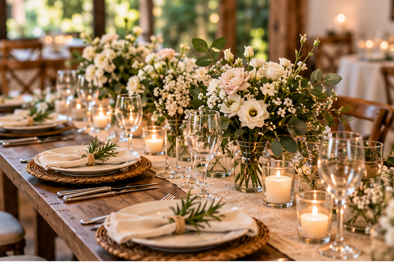 Mesa posta de casamento simples com decoração econômica